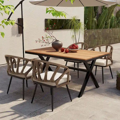 Contemporary Outdoor Set with PE Rattan Chairs and Plastic Wood Table