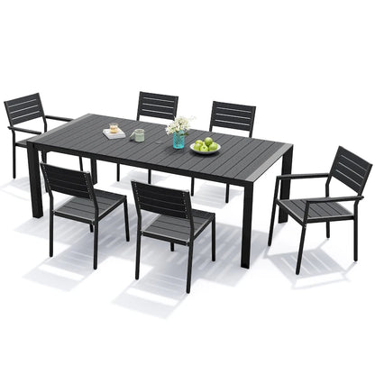 Ensemble de salle à manger d'extérieur 7 pièces – Table en aluminium avec trou pour parasol et chaises empilables