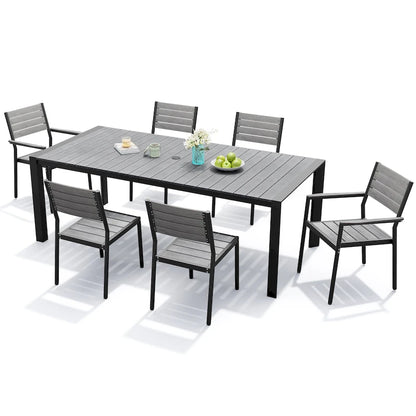 Ensemble de salle à manger d'extérieur 7 pièces – Table en aluminium avec trou pour parasol et chaises empilables