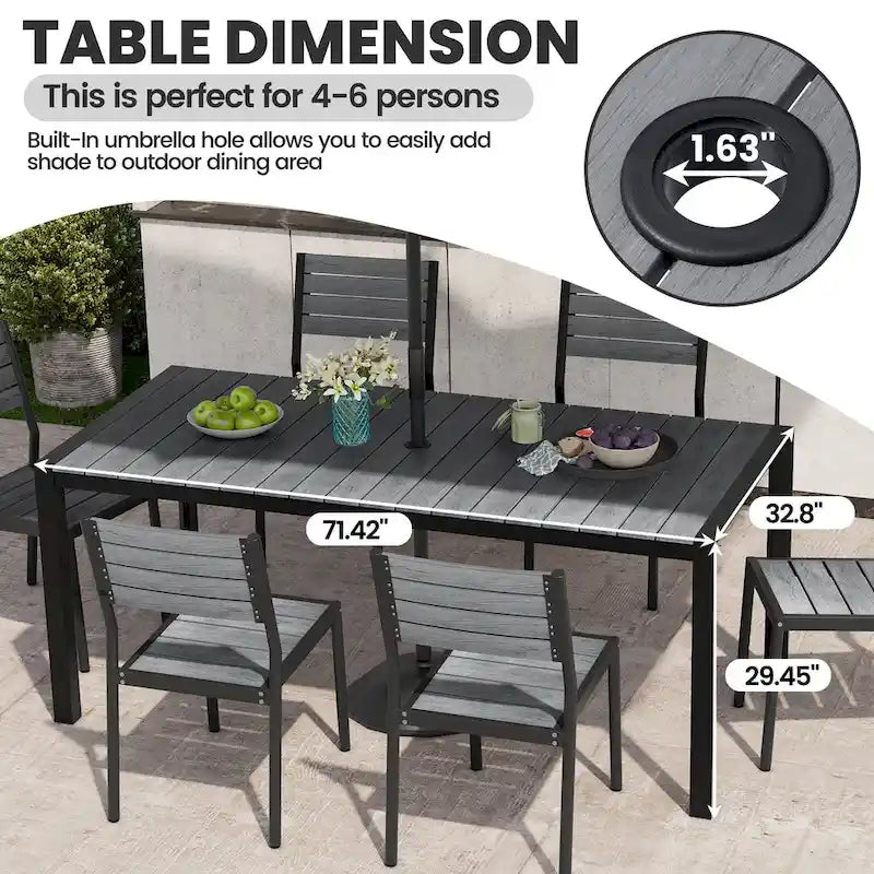 Ensemble de salle à manger d'extérieur 7 pièces – Table en aluminium avec trou pour parasol et chaises empilables