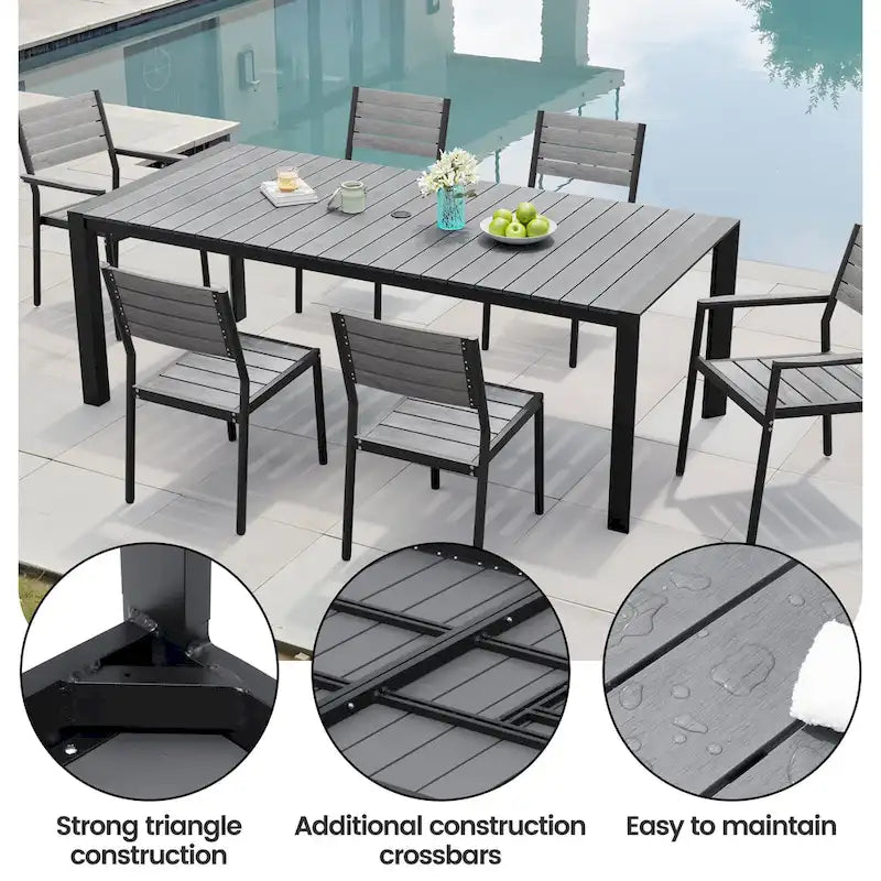 Ensemble de salle à manger d'extérieur 7 pièces – Table en aluminium avec trou pour parasol et chaises empilables