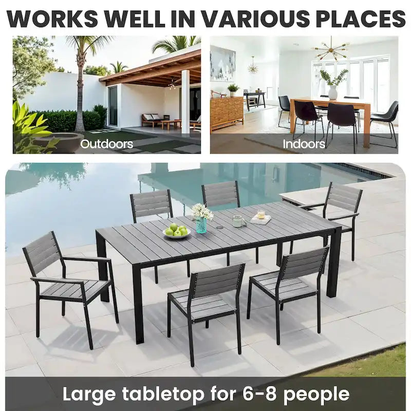 Ensemble de salle à manger d'extérieur 7 pièces – Table en aluminium avec trou pour parasol et chaises empilables