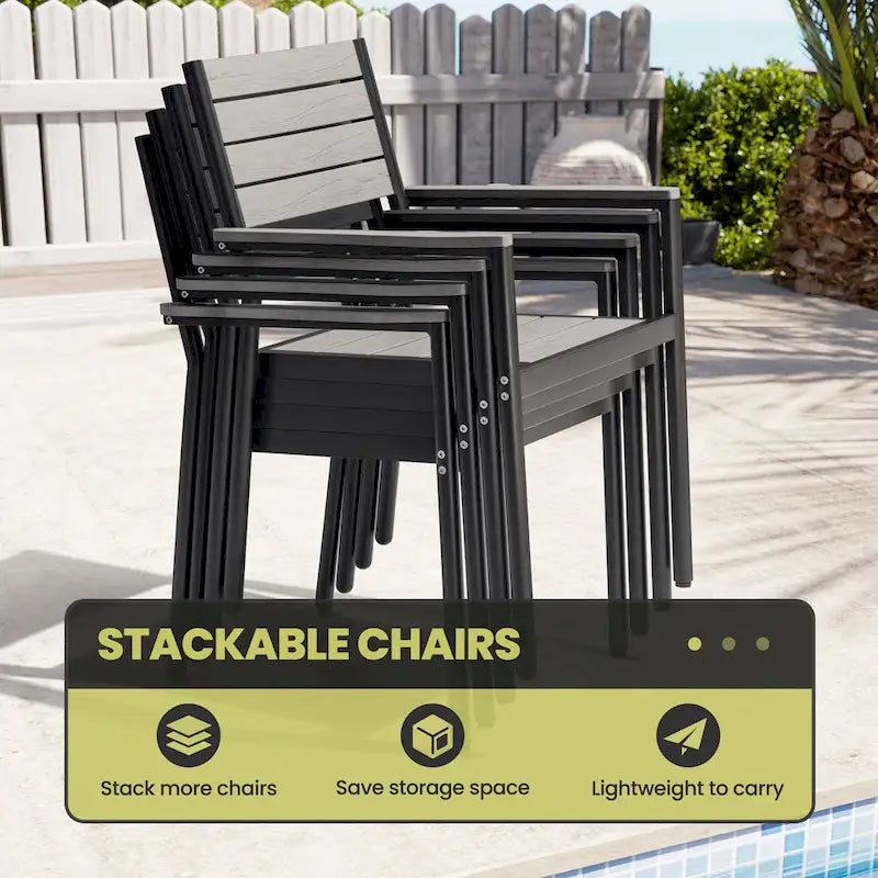 Ensemble de salle à manger d'extérieur 7 pièces – Table en aluminium avec trou pour parasol et chaises empilables