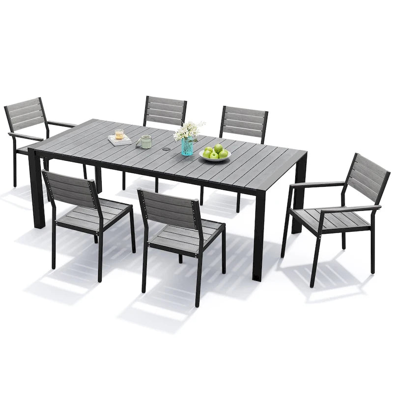Ensemble de salle à manger d'extérieur 7 pièces – Table en aluminium avec trou pour parasol et chaises empilables