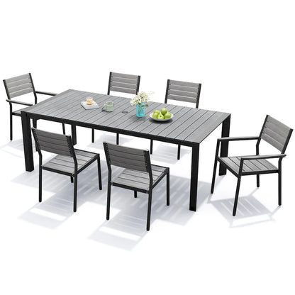 Ensemble de salle à manger d'extérieur 7 pièces – Table en aluminium avec trou pour parasol et chaises empilables