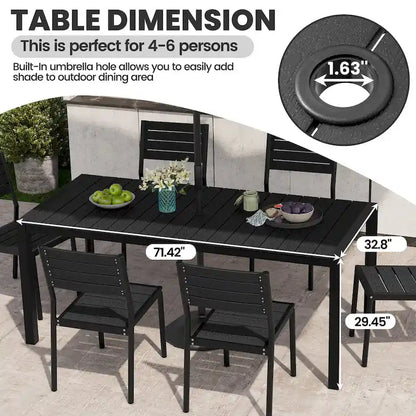 Ensemble de salle à manger d'extérieur 7 pièces – Table en aluminium avec trou pour parasol et chaises empilables
