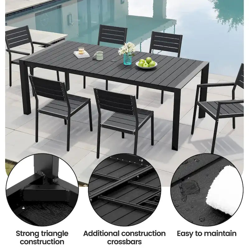 Ensemble de salle à manger d'extérieur 7 pièces – Table en aluminium avec trou pour parasol et chaises empilables