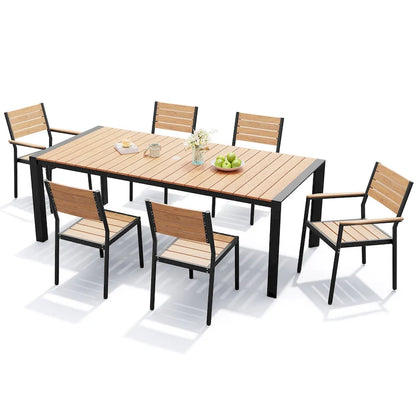Ensemble de salle à manger d'extérieur 7 pièces – Table en aluminium avec trou pour parasol et chaises empilables