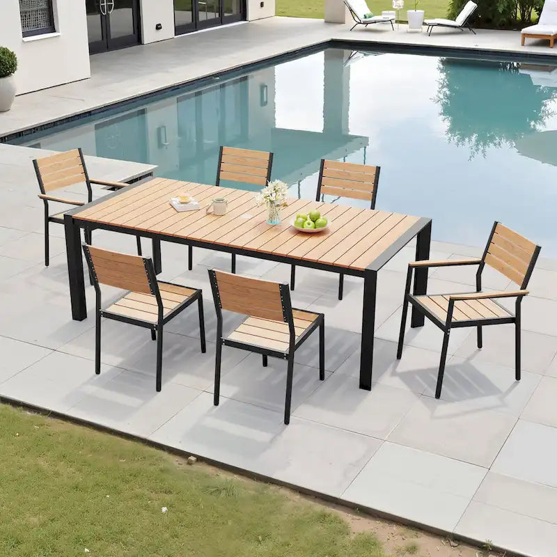 Ensemble de salle à manger d'extérieur 7 pièces – Table en aluminium avec trou pour parasol et chaises empilables