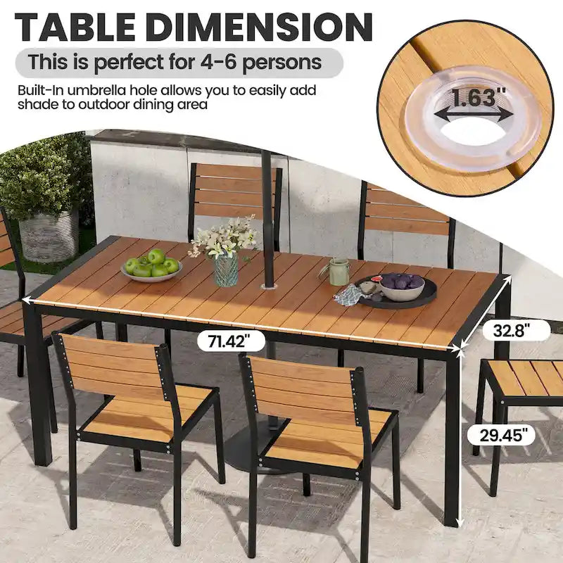 Ensemble de salle à manger d'extérieur 7 pièces – Table en aluminium avec trou pour parasol et chaises empilables