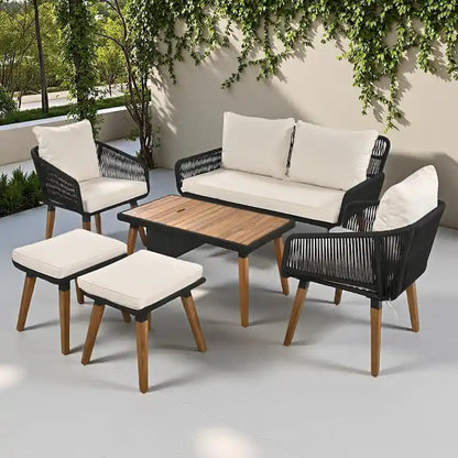 Ensemble de canapé de conversation d'extérieur 6 pièces en corde avec table de bar rafraîchissante en bois d'acacia et 2 tabourets