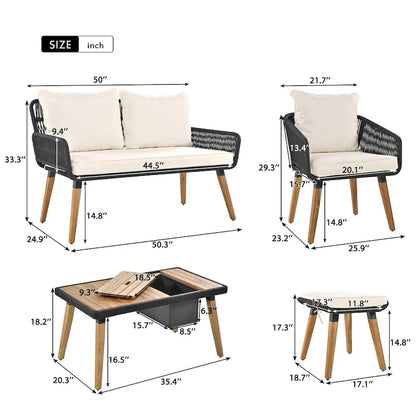 Ensemble de canapé de conversation d'extérieur 6 pièces en corde avec table de bar rafraîchissante en bois d'acacia et 2 tabourets