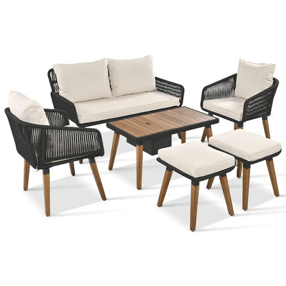 Ensemble de canapé de conversation d'extérieur 6 pièces en corde avec table de bar rafraîchissante en bois d'acacia et 2 tabourets