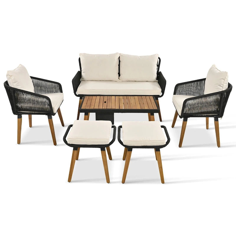 Ensemble de canapé de conversation d'extérieur 6 pièces en corde avec table de bar rafraîchissante en bois d'acacia et 2 tabourets
