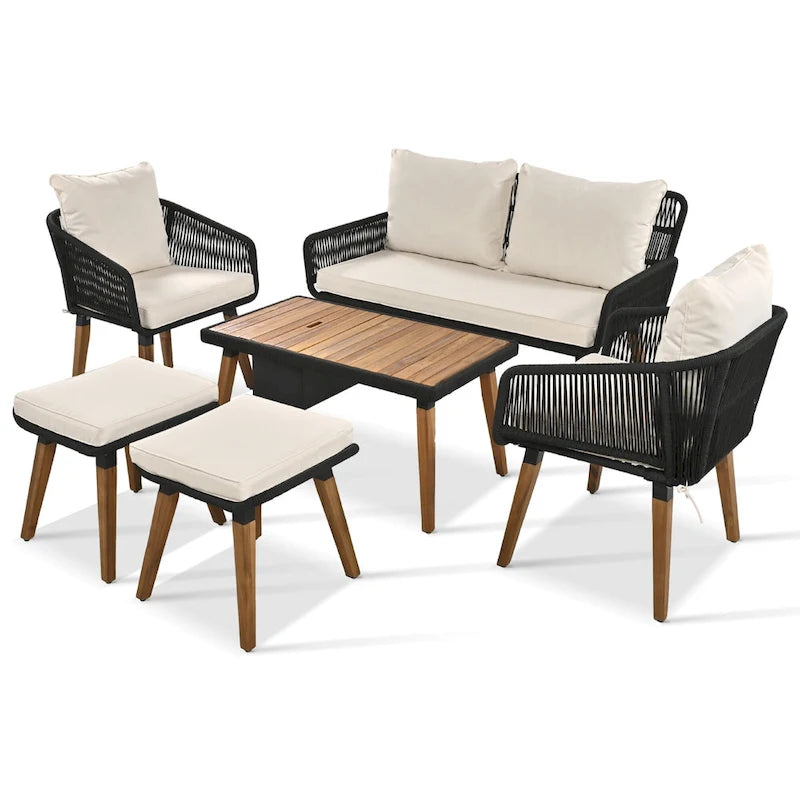 Ensemble de canapé de conversation d'extérieur 6 pièces en corde avec table de bar rafraîchissante en bois d'acacia et 2 tabourets