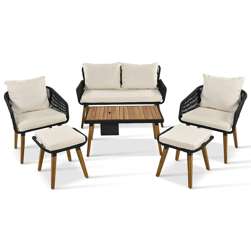 Ensemble de canapé de conversation d'extérieur 6 pièces en corde avec table de bar rafraîchissante en bois d'acacia et 2 tabourets