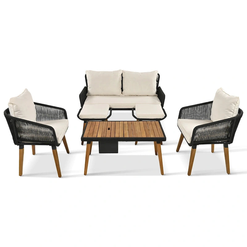 Ensemble de canapé de conversation d'extérieur 6 pièces en corde avec table de bar rafraîchissante en bois d'acacia et 2 tabourets