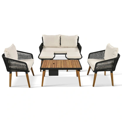 Ensemble de canapé de conversation d'extérieur 6 pièces en corde avec table de bar rafraîchissante en bois d'acacia et 2 tabourets