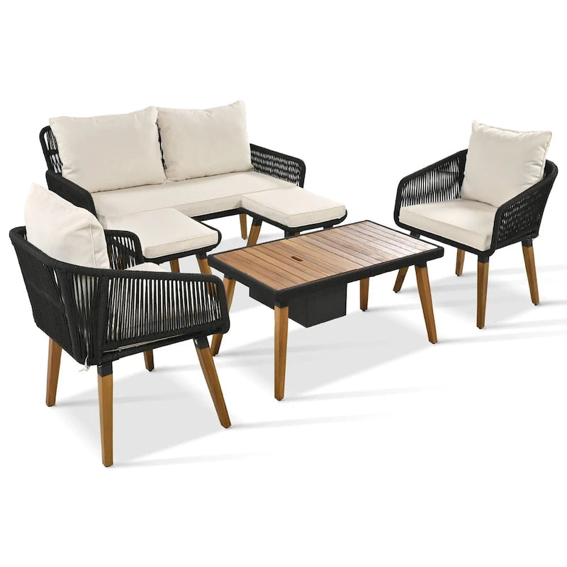 Ensemble de canapé de conversation d'extérieur 6 pièces en corde avec table de bar rafraîchissante en bois d'acacia et 2 tabourets