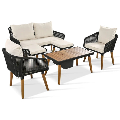 Ensemble de canapé de conversation d'extérieur 6 pièces en corde avec table de bar rafraîchissante en bois d'acacia et 2 tabourets