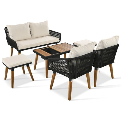 Ensemble de canapé de conversation d'extérieur 6 pièces en corde avec table de bar rafraîchissante en bois d'acacia et 2 tabourets