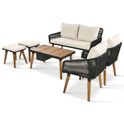 Ensemble de canapé de conversation d'extérieur 6 pièces en corde avec table de bar rafraîchissante en bois d'acacia et 2 tabourets