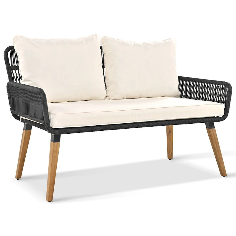 Ensemble de canapé de conversation d'extérieur 6 pièces en corde avec table de bar rafraîchissante en bois d'acacia et 2 tabourets