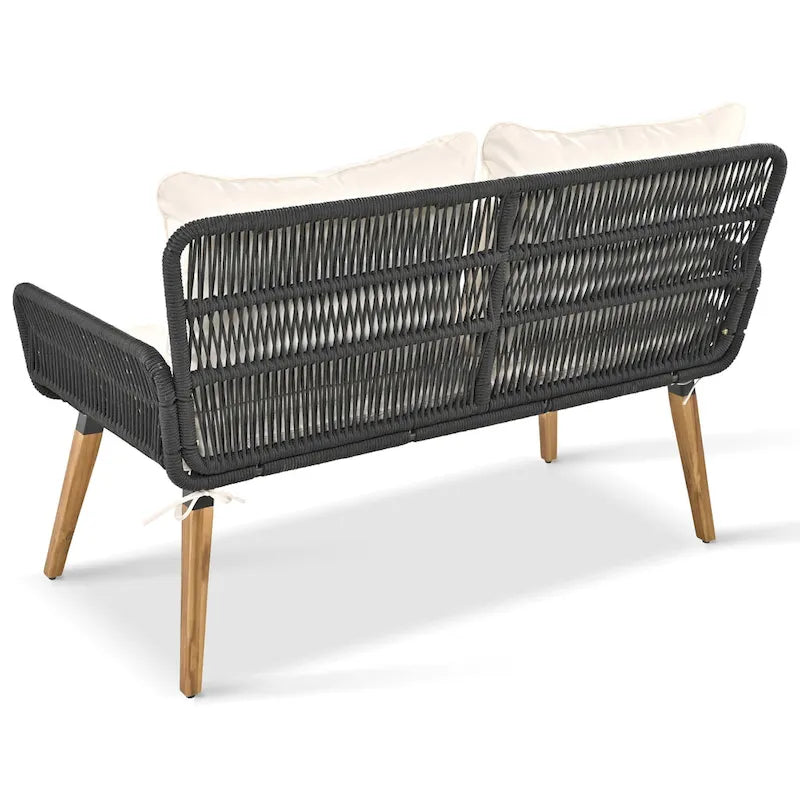 Ensemble de canapé de conversation d'extérieur 6 pièces en corde avec table de bar rafraîchissante en bois d'acacia et 2 tabourets
