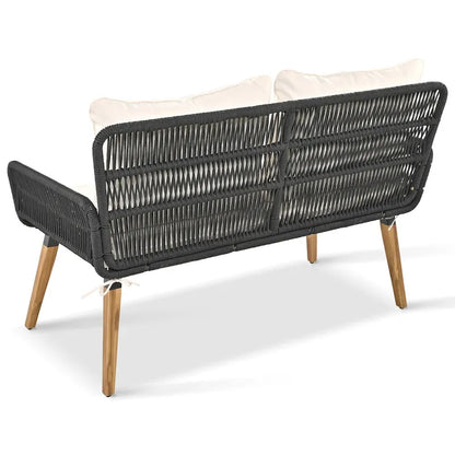 Ensemble de canapé de conversation d'extérieur 6 pièces en corde avec table de bar rafraîchissante en bois d'acacia et 2 tabourets