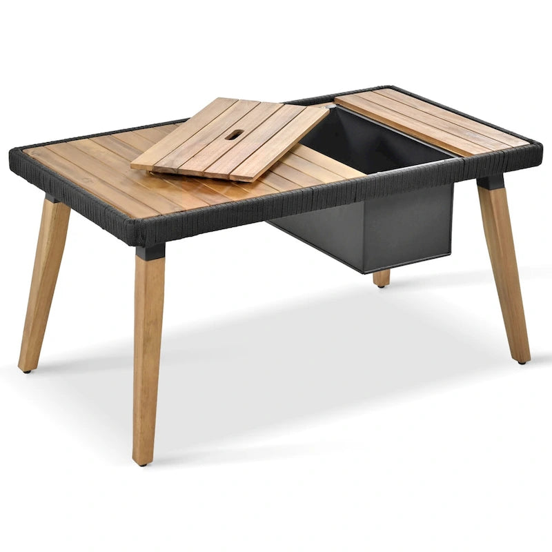 Ensemble de canapé de conversation d'extérieur 6 pièces en corde avec table de bar rafraîchissante en bois d'acacia et 2 tabourets