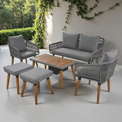 Ensemble de canapé de conversation d'extérieur 6 pièces en corde avec table de bar rafraîchissante en bois d'acacia et 2 tabourets