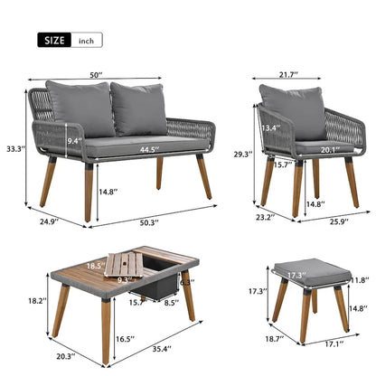 Ensemble de canapé de conversation d'extérieur 6 pièces en corde avec table de bar rafraîchissante en bois d'acacia et 2 tabourets