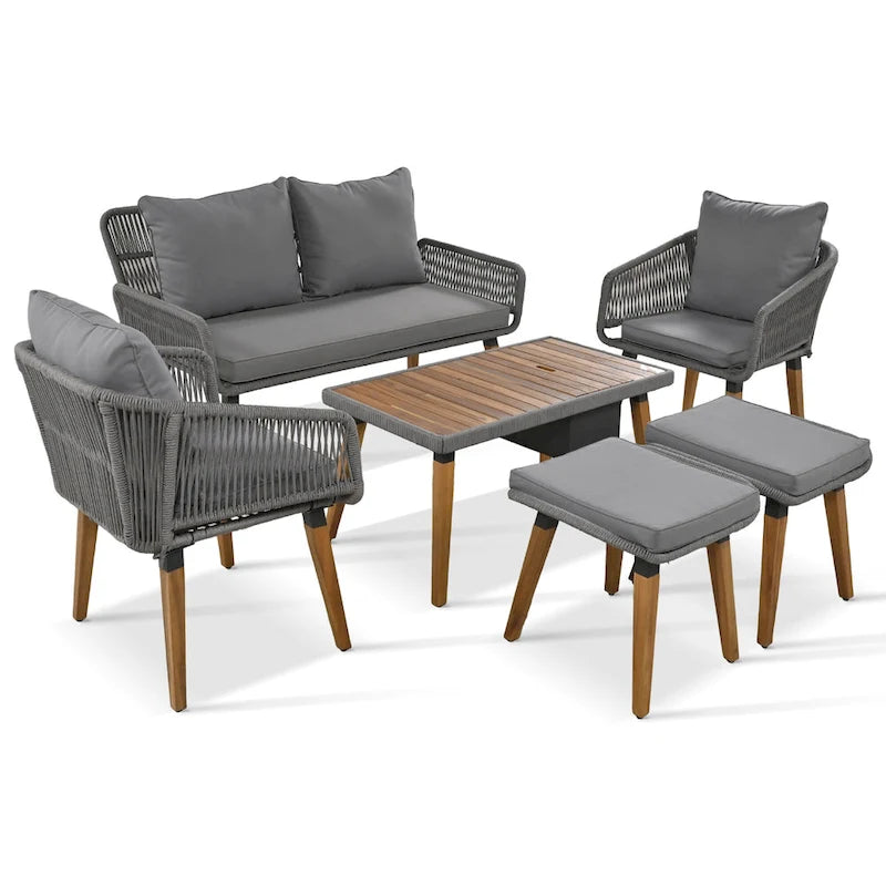 Ensemble de canapé de conversation d'extérieur 6 pièces en corde avec table de bar rafraîchissante en bois d'acacia et 2 tabourets