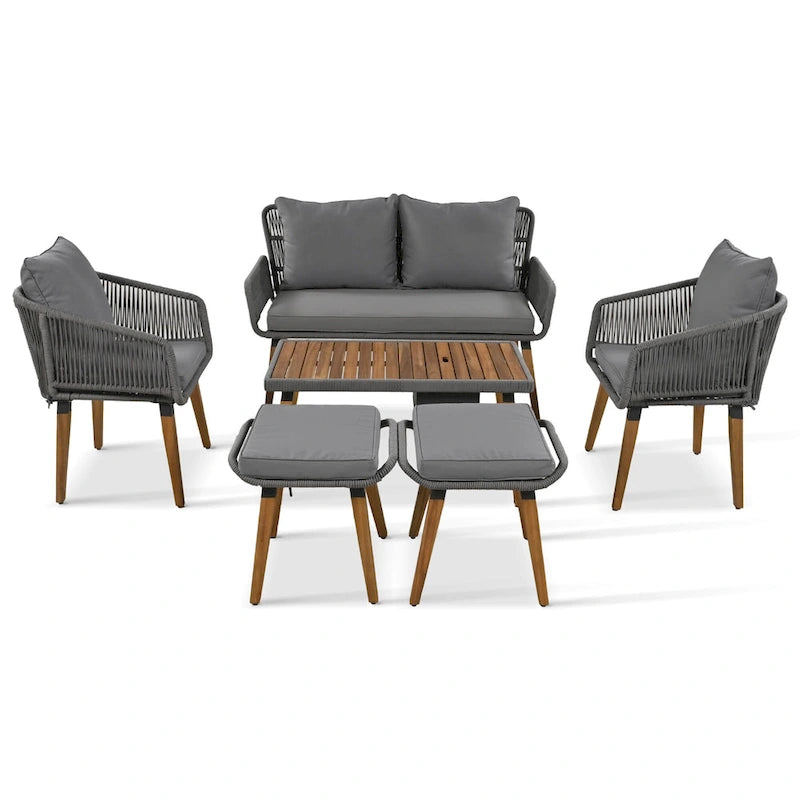 Ensemble de canapé de conversation d'extérieur 6 pièces en corde avec table de bar rafraîchissante en bois d'acacia et 2 tabourets