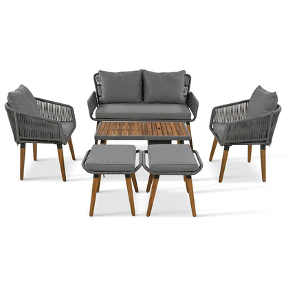 Ensemble de canapé de conversation d'extérieur 6 pièces en corde avec table de bar rafraîchissante en bois d'acacia et 2 tabourets