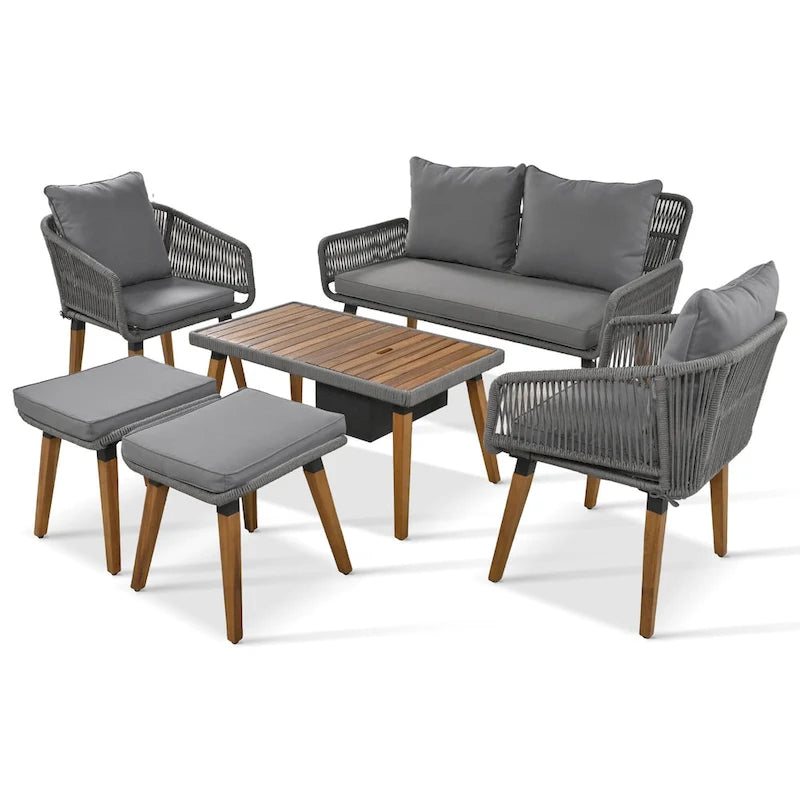Ensemble de canapé de conversation d'extérieur 6 pièces en corde avec table de bar rafraîchissante en bois d'acacia et 2 tabourets