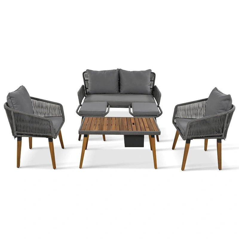 Ensemble de canapé de conversation d'extérieur 6 pièces en corde avec table de bar rafraîchissante en bois d'acacia et 2 tabourets