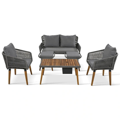 Ensemble de canapé de conversation d'extérieur 6 pièces en corde avec table de bar rafraîchissante en bois d'acacia et 2 tabourets