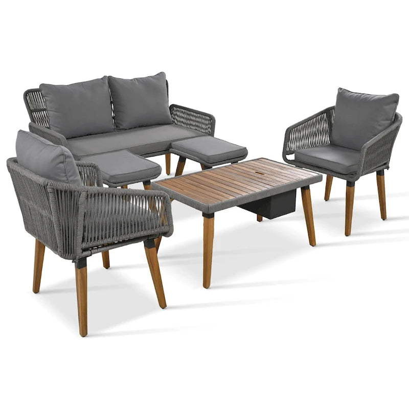 Ensemble de canapé de conversation d'extérieur 6 pièces en corde avec table de bar rafraîchissante en bois d'acacia et 2 tabourets