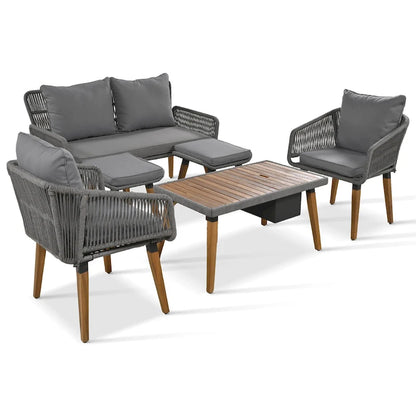 Ensemble de canapé de conversation d'extérieur 6 pièces en corde avec table de bar rafraîchissante en bois d'acacia et 2 tabourets