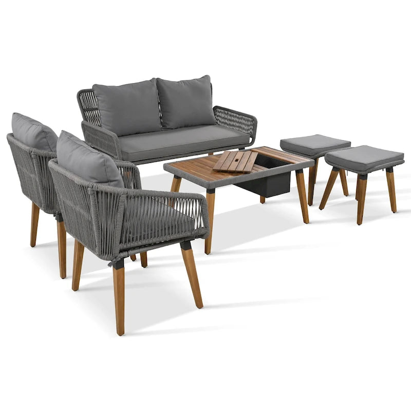 Ensemble de canapé de conversation d'extérieur 6 pièces en corde avec table de bar rafraîchissante en bois d'acacia et 2 tabourets
