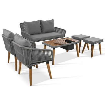 Ensemble de canapé de conversation d'extérieur 6 pièces en corde avec table de bar rafraîchissante en bois d'acacia et 2 tabourets