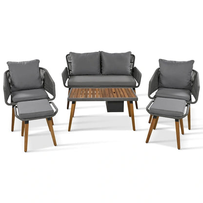 Ensemble de canapé de conversation d'extérieur 6 pièces en corde avec table de bar rafraîchissante en bois d'acacia et 2 tabourets