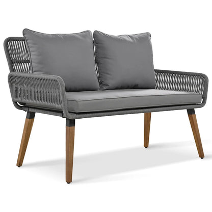 Ensemble de canapé de conversation d'extérieur 6 pièces en corde avec table de bar rafraîchissante en bois d'acacia et 2 tabourets