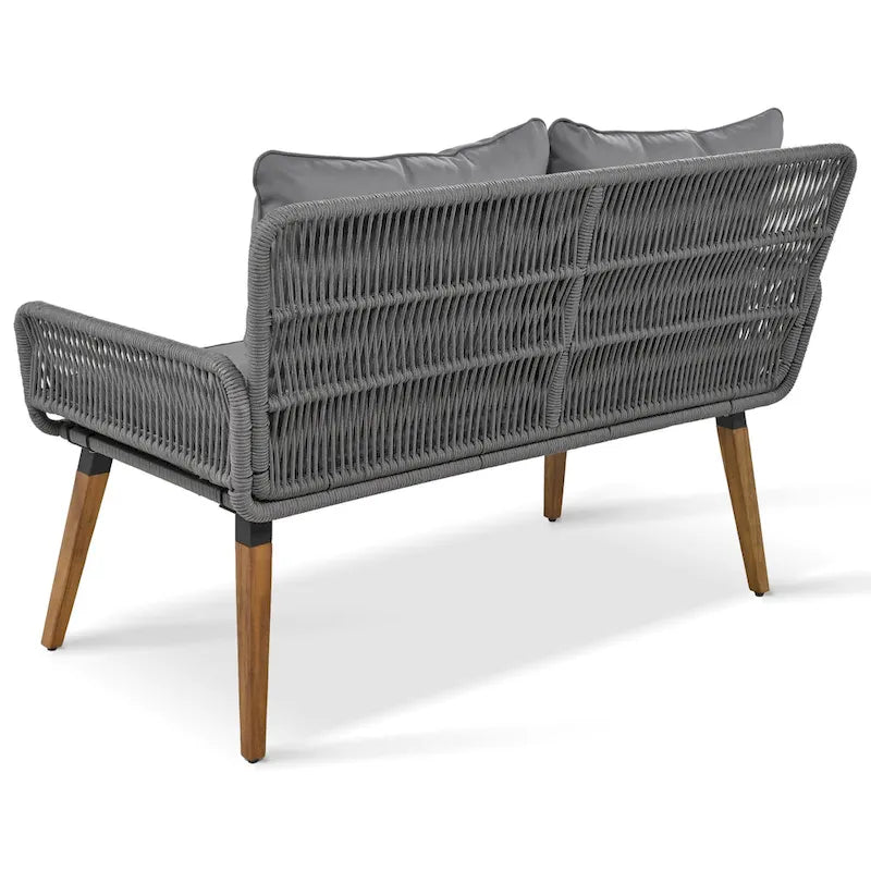 Ensemble de canapé de conversation d'extérieur 6 pièces en corde avec table de bar rafraîchissante en bois d'acacia et 2 tabourets