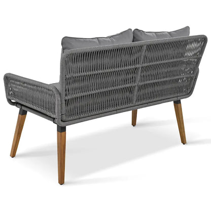 Ensemble de canapé de conversation d'extérieur 6 pièces en corde avec table de bar rafraîchissante en bois d'acacia et 2 tabourets
