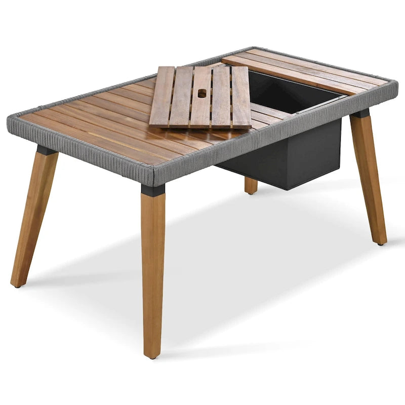 Ensemble de canapé de conversation d'extérieur 6 pièces en corde avec table de bar rafraîchissante en bois d'acacia et 2 tabourets