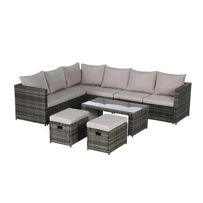 Ensemble de canapé d'angle 6 places en rotin avec table en verre