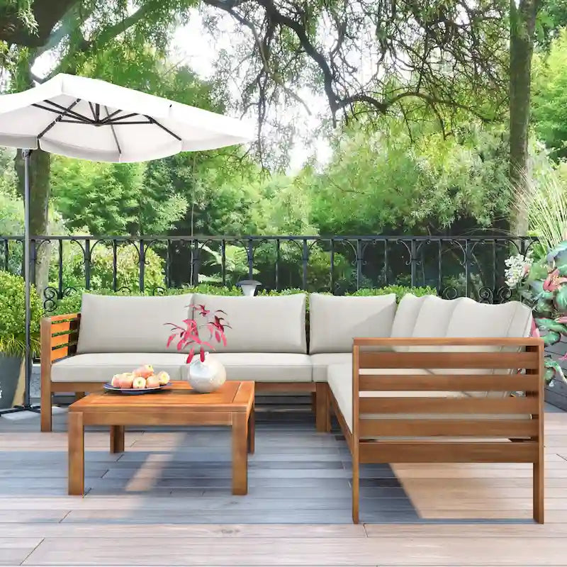 Canapé d'angle en bois d'acacia 4 pièces avec table