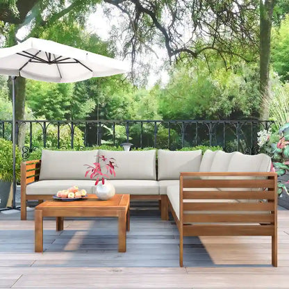 Canapé d'angle en bois d'acacia 4 pièces avec table